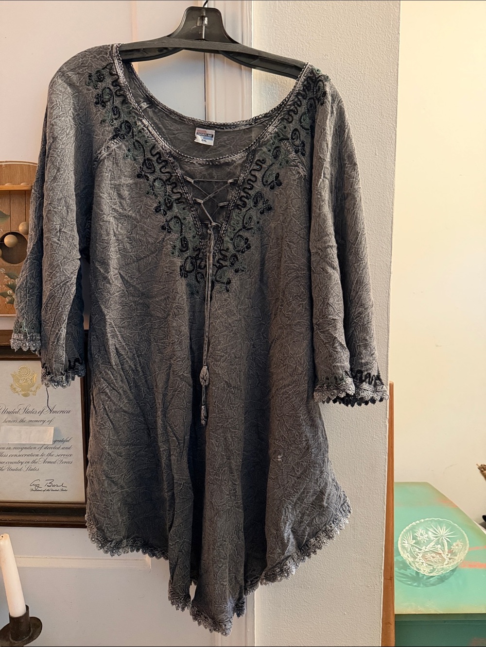 Shoreline Gray Embroidered Lace-Up Tunic